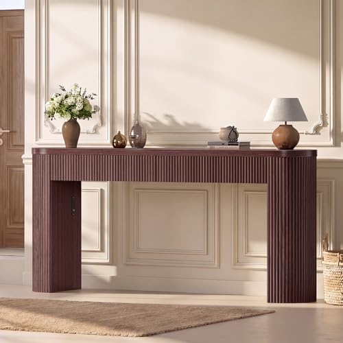 Itaar 63" Fluted Console Table with 2 Drawers, Modern Entryway Table with Storage, Long Sofa Table Behind Couch for Living Room, Hallway, Couch, Foyer，Brown - color: Brown