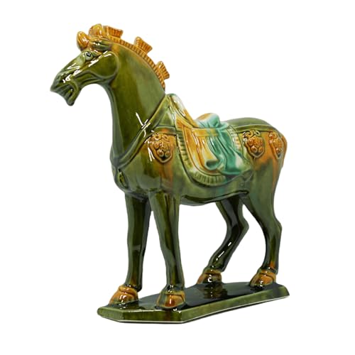 Handmade Tang Dynasty Tri-Color Horse Ceramic Sculpture - 19cm Traditional Chinese Cultural Art Decor - Symbol of Prosperity & Good Fortune - Perfect for Home, Office, Bookcase Shelf(Grass Green) - color: Grass Green