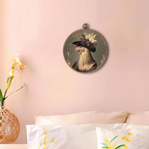 Hxlac Whimsical Chicken Round Wall Art Framed, Dark Moody Rooster Round Wall Decor, Rustic Farm Animal Chicken Hanging Canvas Prints Wall Sculptures for Kitchen Bedroom Living Room Decor, 10x10 Inch - color: chicken