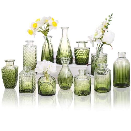 12 Pack Green Glass Bud Vase Set, Small Vintage Vases for Centerpieces, Decorative Flower Vases for Wedding Home Table Decor - color: Green, size: 12pcs