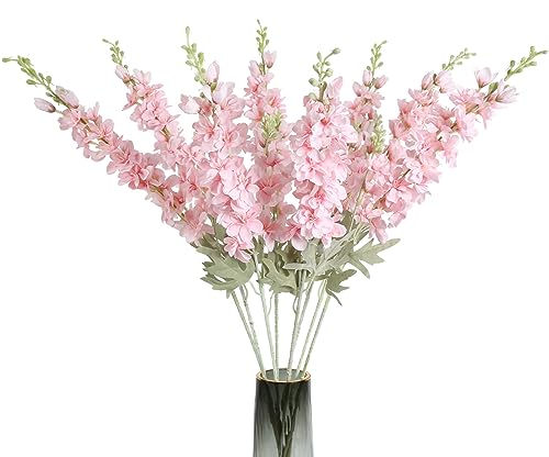 8PCS Pink Delphinium Artificial Flowers 33.5in Long Stem Larkspur Fake Silk Flowers for Tall Vase Faux Flowers for Home Wedding Baby Shower Floral Arrangement Centerpiece Table Decoration (Pink) - color: Pink