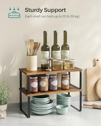 SONGMICS Cabinet Organizer Shelf, Set of 2 Kitchen Counter Shelves, Kitchen Storage, Spice Rack, Stackable, Expandable, Metal and Engineered Wood, Ink Black and Rustic Brown UKCS200X01 - color: Ink Black + Rustic Brown, size: 15.6"W