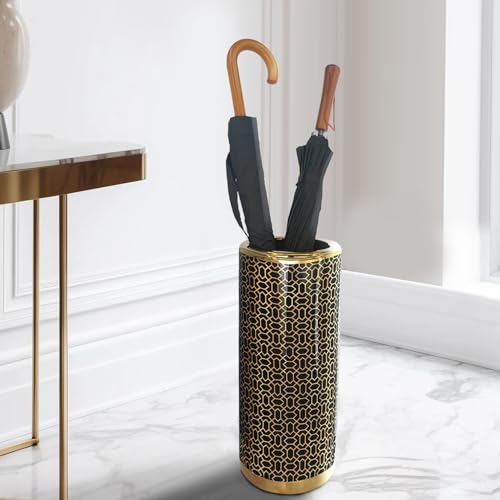ZOEJADE Minimalist Luxury Ceramic Umbrella Stand Umbrella Holder Vase for Umbrella Canes Walking Sticks Entryway Indoor 18" High Black Gold