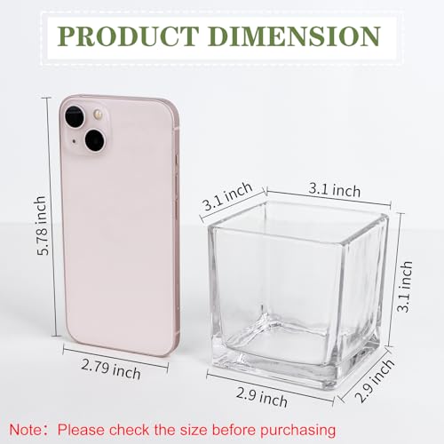 Set of 6 Square Glass Vases 3" x3" x 3", Clear Flower Vases for Centerpieces, Candle Holder for Wedding Party Events, Home Décor - size: 3inch