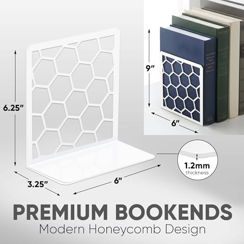 GEOMOD Geometric Honeycomb White Metal Bookends Decorative - Tall Sturdy Book Ends for Shelves - Modern Heavy Duty Bookend Stopper - Office or Home Book Shelf Book Holder - 6x3.25x6.25 Inches - 1 Pair - color: White, size: 1 Pair, style: Honeycomb