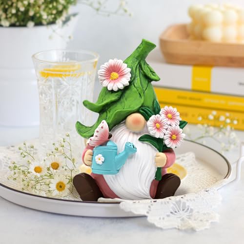 Summer Garden Gnome Decor, 5.9in Resin Daisy Floral Gnome Decorations for Home Indoor Outdoor, Retirement Gifts for Women - color: Green