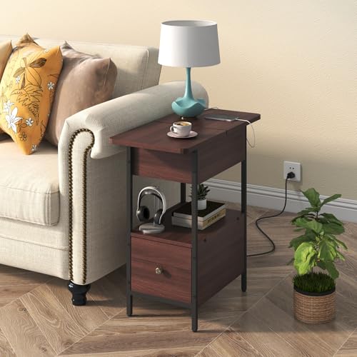 SOOWERY End Table with Charging Station, Narrow Side Table with Flip Top Cabinet and Fabric Drawer, Nightstand Bedside Tables for Small Spaces, Bedroom, Living Room, Dark Cherry - color: Dark Cherry