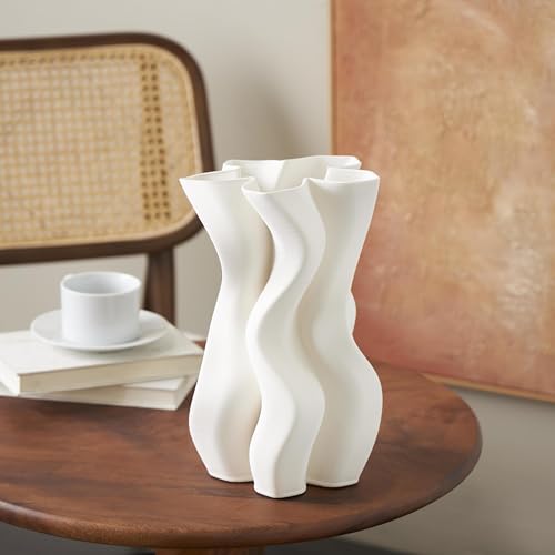 Deco 79 Ceramic Abstract Decorative Vase Ribbed Dimensional Wavy Centerpiece Vase with Floral Shaped Rim, Flower Vase for Home Decoration 8" x 8" x 13", White - color: White, size: 8" x 8" x 13"