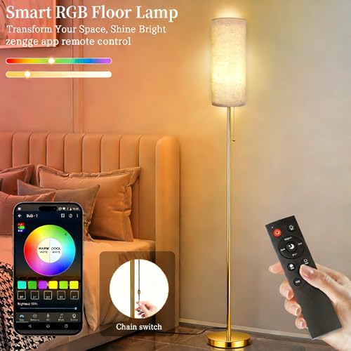 Floor Lamps for Living Room with RGB Color Changing Bulb Dimmable Color Brightness Standing Lamp with Remote Tall Lamps with Chain Switch for Bedroom Office 9W LED Bulb Included, Gold Body RGB Bulb - color: Gold Body+RGB Bulb