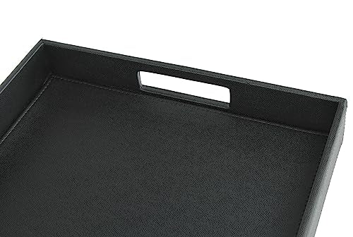 HofferRuffer Rectangle Serving Tray with Hole Handles for Coffee Table, Breakfast, Tea, Food, Butler - Countertop, Kitchen, Vanity Serve Tray, 16.2 x 12.2 x 2 inches, Faux Leather Tray (Black) - color: Black, size: 16.2" x 12.2" x 2"