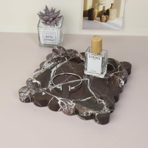 Square Marble Decorative Tray with Scalloped Edge, Luxury Natural Stone Bathroom Vanity Tray, Dresser Top Perfume Coffee Home Kitchen Sink Tray, Key Trinket Ring - color: Rosso Lepanto