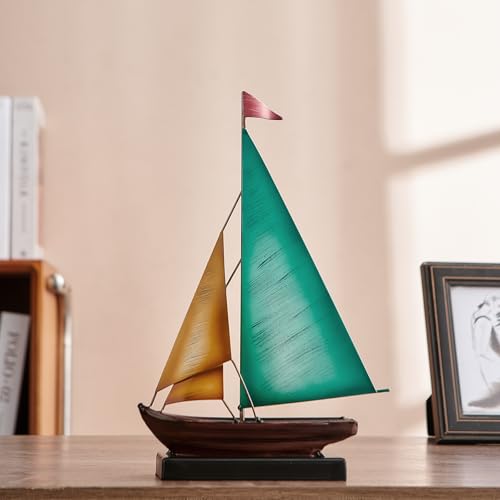 Vintage Sailboat Statue Decor for Living Room, Metal Boat Sculptures Decorations for Dining Room Office, Nautical Home Décor Accents for Shelf Bookshelf Coffee Table TV Stand (Yellow and Blue) - color: Yellow and Blue