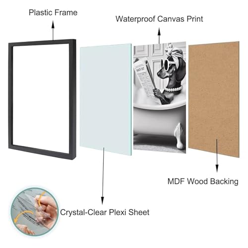 Framed Black and White Funny Cat and Dog Wall Art Set of 2 Canvas Prints, Vintage Animals Reading Newspaper Wall Decor, Humorous Pet Bathroom Decor Pictures with Wood Frame Acrylic Front for Bathroom Decor 12x16IN - color: cat and dog, size: 16"L x 12"W
