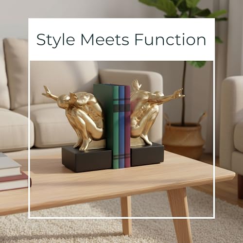 Resin Book Ends Decorative Bookends – Book Holder for Shelf Decor and Office Decor, Office Shelf Decor and Book Lovers Gifts, Art-Inspired Sculpture Home Decor Accent – 11", Gold & Black