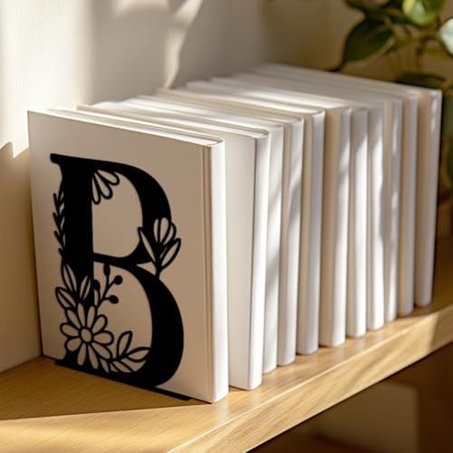 Peacoblue Metal Bookends for Shelves, Modern Decorative Heavy Duty Study Book Ends Stoppers for Office, Desk, Shelf, Room 5.3"x4.3"x7.1" Cast Iron Simple Tall Bookends 1 Pair (Letter B with Flower) - style: Letter B with Flower