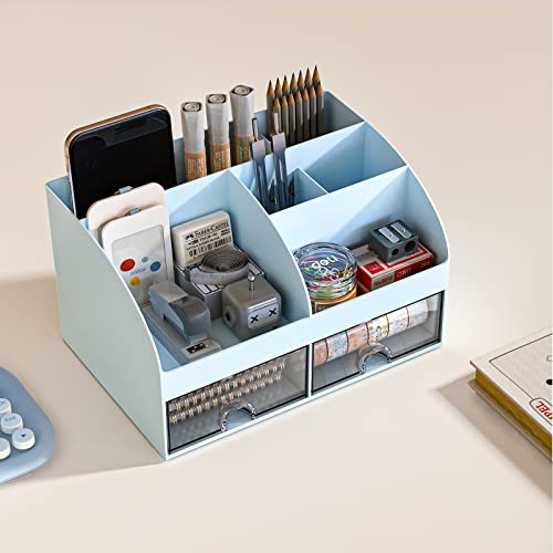 COMFYROOM Desk Organizer with 6 Compartments and 2 Drawers, Plastic Makeup Organizer, Pen Holder for Desktop Storage, Desk Organization for School, Home, Office Supplies (Blue) - color: Blue