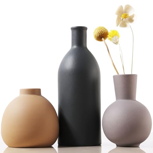 Joeabor Ceramic Vase Set of 3 - Handcrafted Ceramic Vases for Home Decor & Shelf - Modern Farmhouse Decor for Kitchen, Office, Bedroom & Living Room Decorative Objects for Mantel, Table Centerpieces - color: Set B