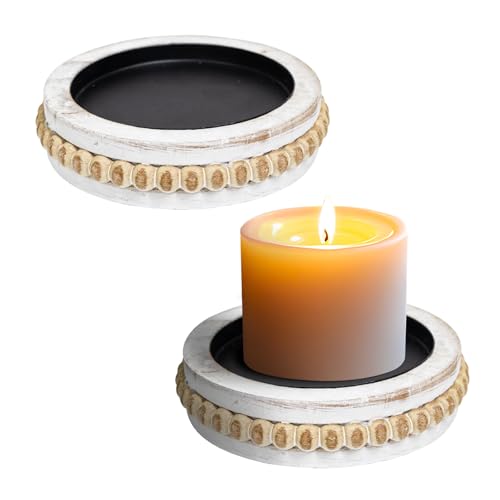 Candle Pedestal for Pillar Candle Set of 2, Rustic Round Beaded Risers Wood Tray, Farmhouse Wood Beaded Trayfor Tiered Tray, Candle, Mug Display Decorative, Table Centerpiece, Antique White - color: Antiquewhite, size: Set of 2
