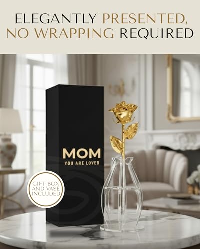 Forever Rose Bloom Box & Phantom Vase Combo, 24k Gold Dipped Rose in a Personalized Gift Box That Says Mom You are Loved Embossed in Gold Foil, Unique & Everlasting Gift for Any Occasion - color: Gold Dipped Rose (Vase & Mom You Are Loved Box)