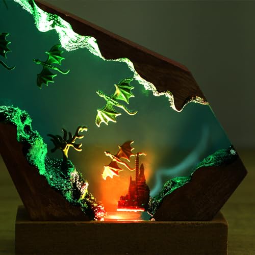 Drawelry Ocean Creative Epoxy Resin Wood Light Lamp, Handmade Multi Color Aquatic Ocean Lamp Deep Sea Diver Cave Diving Enthusiasts Led Night Light Desktop Decor Christmas Birthday Gift (Dragon, S) - color: Dragon