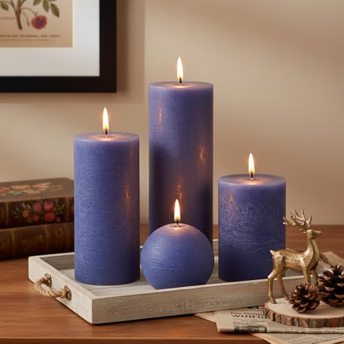 Dark Blue Rustic Textured Pillar Candles Set - 4 Pcs Assorted Sizes Unscented Pillar Candle, Decorative Farmhouse Candles for Home Centerpiece Decor, Holiday Dinner Table, Dripless & Smokeless - color: Royal Blue