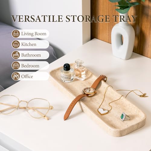 Koville Marble Tray, 12"x4" Marble Vanity Tray for Bathroom Kitchen Countertop Sink, Natural Stone Tray for Home Decor, Decorative Rectangular Narrow Catchall Tray for Jewelry Perfume - color: Travertino Romano, size: 12" x 4" x 0.7"