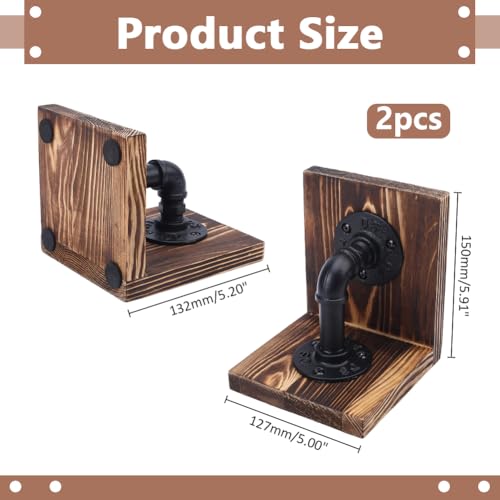 WADORN Decorative Book End, Handmade Heavy Duty Book Holders with Modern Industrial-Style Pipe Design Rustic Non-Skid Thickened Wooden Bookends for Home Library Office Desktop Bookshelf Decor
