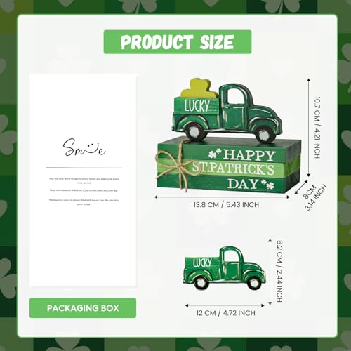 Smile St.Patrick's Day Wooden Book Stack Decor Green Shamrock & Lucky Truck Design, Freestanding Tabletop Shelf Wood Sign for Home Office - style: St Truck