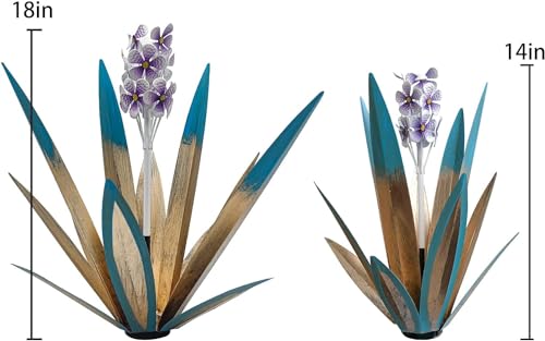 Metal Agave Plant Garden Art, 2 Pack Tequila Rustic Sculpture, Rustic Metal Agave Plants Lawn Home Ornaments, for Yard Stakes, Garden Figurines, Outdoor Patio (2 PCS Purple Flowers) - color: 2 Pcs Purple Flowers