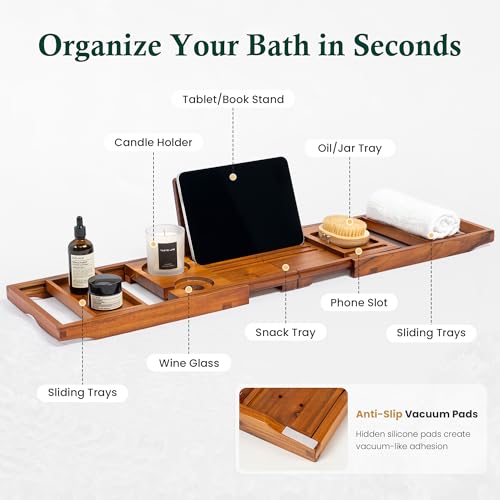 Teak Bathtub Tray, Bath Caddy with Wine Glass Holder, Phone Dock & Book Stand | Hands-Free Reading & Ultimate Spa Relaxation Experience-Natural - color: Classic Teak Finish