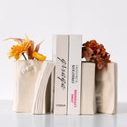 Ceramic Vase Bookends - Unique Decorative Bookend Flower Vases - Set of Two at 6.5in (16.5cm) Height - Cream White Matte Finish Modern Design - Aesthetic Home Office Library Decor