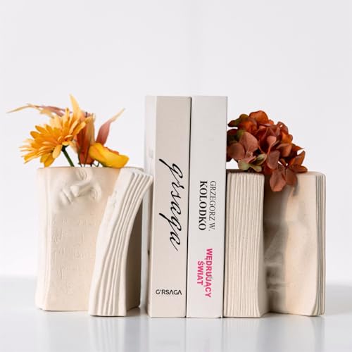 Ceramic Vase Bookends - Unique Decorative Bookend Flower Vases - Set of Two at 6.5in (16.5cm) Height - Cream White Matte Finish Modern Design - Aesthetic Home Office Library Decor