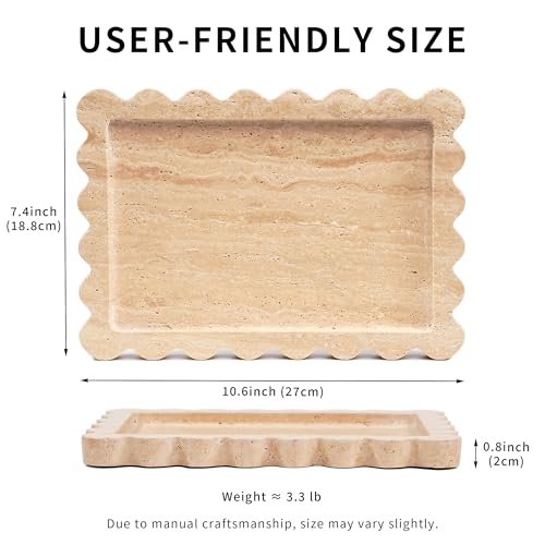 Scalloped Travertine Marble Tray - Large Home Decorative Stone Vanity Perfume Plates for Bathroom Accessories Coffee Table, Dresser Dish for Kitchen Countertop (10.6" x 7.4"x 0.8") - color: Scallop-travertine