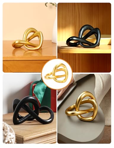 Modern Gold Knot Sculpture Statue - Abstract Geometric Table Decor for Living Room, Office Desk, Bookshelf | Elegant Brass-Tone Resin Home Accent Decorations & Gifts