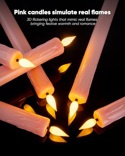 Homemory 6 Pcs Real Wax Pink Flameless Taper Candles with Remote Timer, 9.6 Inches LED Fake Candlesticks, LED Candle with 3D Flickering Flame for Romantic Wedding, Dinner, Xmas Anniversary Decor - style: Romantic - Pink 9.6"