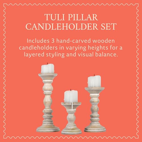 Mela Artisans Mango Wood Pillar Candle Holders Set of 3, Hand-Carved Whitewashed Decorative Candles for Living Rooms, Centerpieces & Mantel Decor - color: Whitewash
