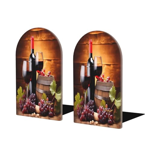 Decorative Bookends 2 Pcs Red Wine Glass Grapes Wooden Wood Bookends for Shelves Heavy Books Kids Non-Skid Book Ends Stoppers for Office Desk Kitchen School - color: Red Wine Glass Grapes Wooden