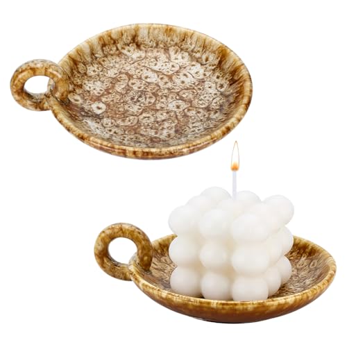 PH PandaHall 2pcs Vintage Ceramic Candle Tray, 4.9 inch Rustic Candle Holder Incense Holders with Handle Camel Plate Cup Holder for Tea Lights Pillar Candles Cup Home Decor Housewarming Decor - color: Camel