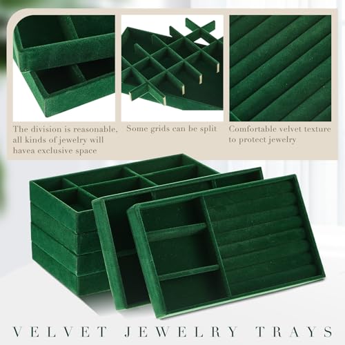 Junkin 18 Pcs Velvet Jewelry Tray, Stackable Jewelry Organizer Trays for Drawer, Jewellery Box Divided Display Tray, Jewelry Inserts for Drawer for Rings Earring Bangle Necklaces(Dark Green) - color: Dark Green