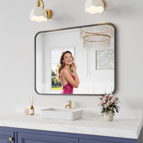 Koonmi Bathroom Mirror, 28X36 Brushed Black Rectangle Wall Mirror, HD Tempered Glass, Anti-Rust Frame Vanity Mirror, Rounded Rectangle Mirror for Restroom, Bedroom, Hangs Horizontal or Vertical - color: Rounded Edged, size: 36"L x 28"W