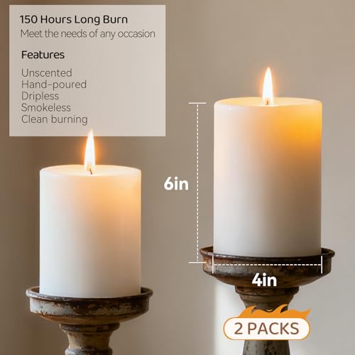 4x6 Inch White Pillar Candles, 2 Packs, 300-Hours Long Burning Time Totally, Unscented Large White Candles for Mantel Decor, Home Holiday Table Decor, Smokeless & Dripless - size: 4x6