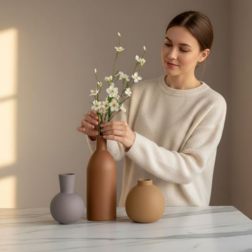 Ceramic Vase Set of 3 - Small Modern Minimalist Ceramic Bud Vases for Home Decor - Boho Aesthetic Flower Vases for Desk, Shelf & Table, Mantle, Bookshelf (Cute & Versatile) (Brown Mix) - color: Brown Mix