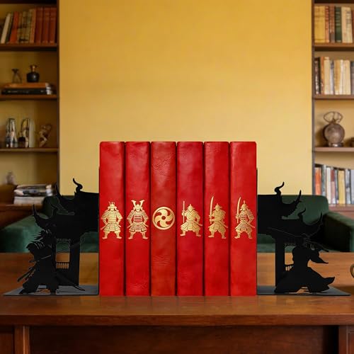 Samurai Decorative Bookends, Matte Black Iron Shelves Book Holders for Heavy Books, Unique Fantasy Book Ends for Home and Office, 7.9 x 1.2 x 5.9 Inches - color: Samurai Bookends