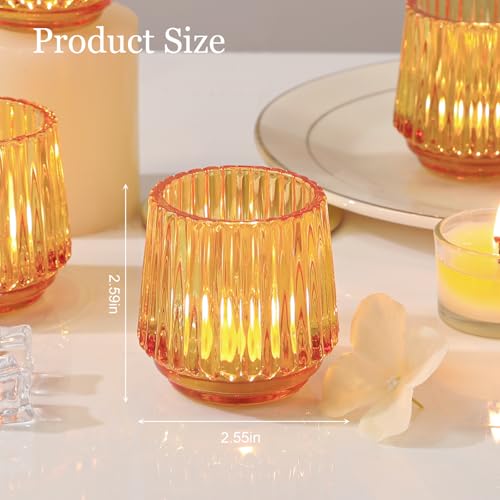 SHOHAYTO Large Amber Glass Votive Candle Holders Set of 6, Ribbed Tealight Holders for Votives, Floating Candles Table Centerpieces Wedding Home Decor - color: Amber
