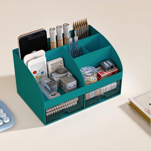 COMFYROOM Desk Organizer with 6 Compartments and 2 Drawers, Plastic Makeup Organizer, Pen Holder for Desktop Storage, Desk Organization for School, Home, Office Supplies (Dark Green) - color: Dark Green