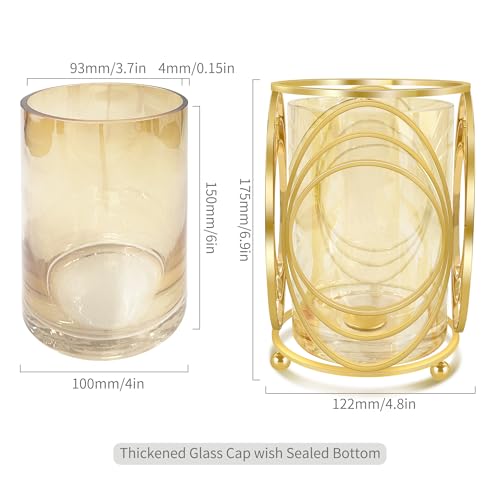 Gold Hurricane Candle Holder with Metal Frame, Windproof Thickened Glass Lid & Geometric Cutouts for Weddings, Parties, Home Decor - size: Large