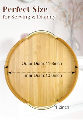 JUPELI 11.8″ Round Bamboo Serving Tray with Handles – Decorative Tray, Breakfast Tray, Coffee Table Tray, Ottoman Tray, Kitchen Platter for Drinks, Snacks, Vanity, Home Decor & Gifts - style: 1 PACK-Round-11.8"
