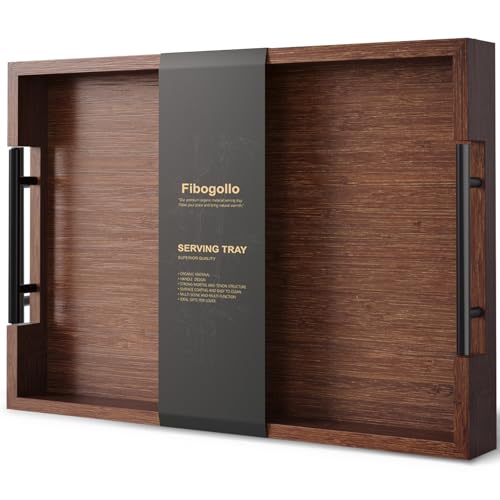 Fibogollo Bamboo Serving Tray with Metal Handles,17x12in Ottoman Decorative Trays Platter for Coffee Table,Living Room,Bar,Party,Large(Brown) - style: Brown-Large
