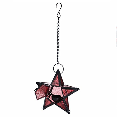 Morocco Metal Star Glass Lantern Wall Hanging Candle Holder for Decorative Wedding Party Home Decoration Birthday Party (Red) - color: Red