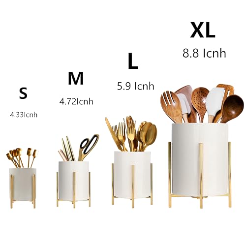 Gold Pencil Cup Sturdy Metal Frame With White Ceramic Pen Holder For Desks and kitchen Appliance Holders - color: White gold, size: H 4.8''